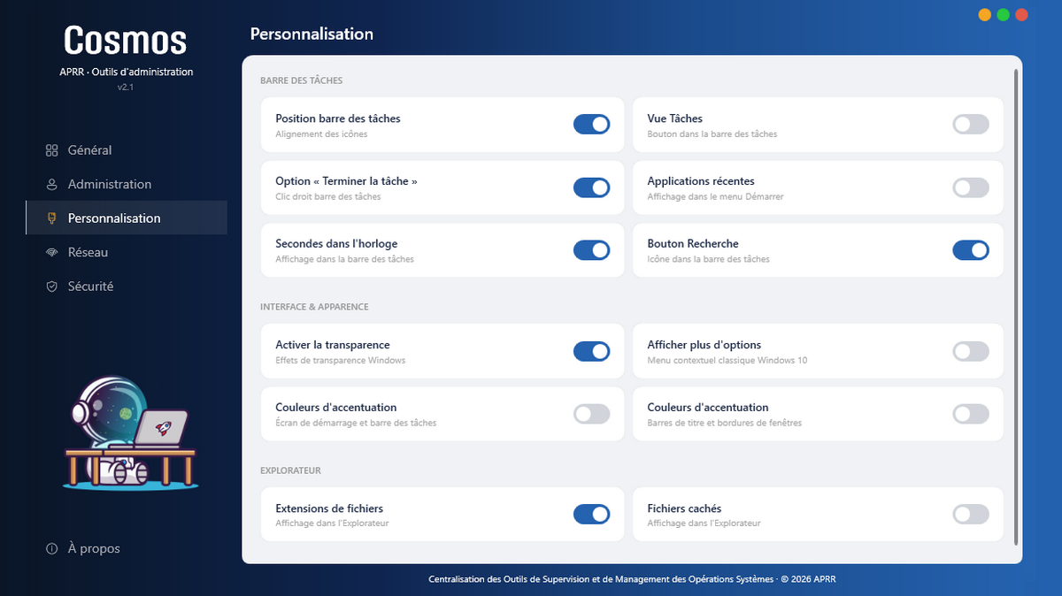 Cosmos — onglet Personnalisation